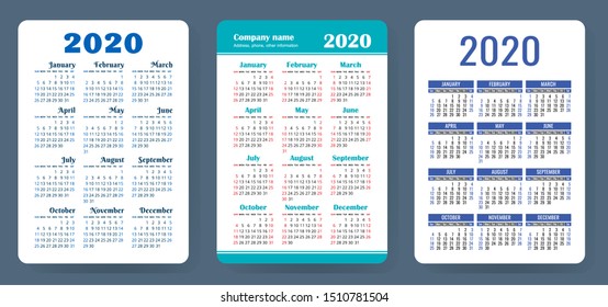 Calendar 2020. Colorful vector set. Pocket calender collection. Week starts on Sunday. Basic grid template for print