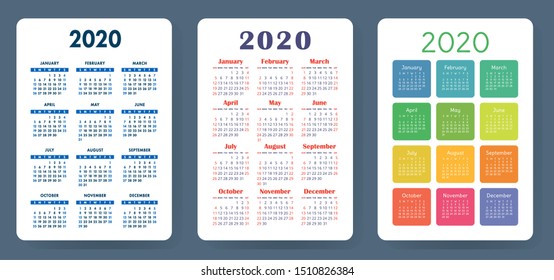Calendar 2020. Colorful vector set. Pocket calender collection. Week starts on Sunday. Basic grid template for print