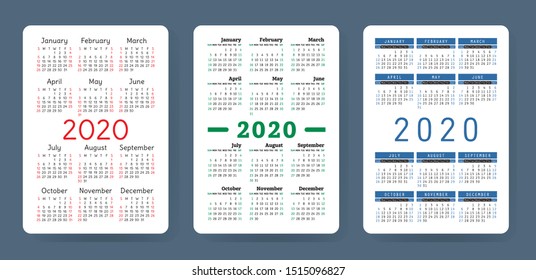 Calendar 2020. Colorful vector set. Pocket calender collection. Week starts on Sunday. Basic grid template for print