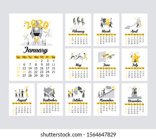 Calendar 2020 concept flat design. Business calendar for office. Motivation calendar. Teamwork. Set of 12 months calendar. March, April, May, June, July, August, September, October, November, December