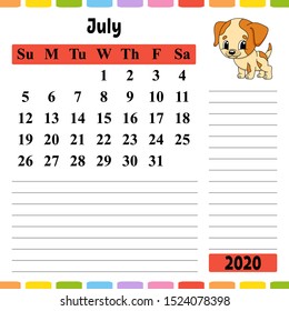 Calendar for 2020 with a cute character. Fun and bright design. Isolated vector illustration. Cartoon style.