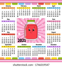 Calendar for 2020 with a cute character. Fun and bright design. Isolated color vector illustration. Cartoon style.