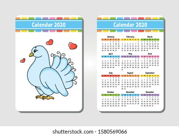 Calendar for 2020 with a cute character. Pocket size. Fun and bright design. Isolated vector illustration. Cartoon style.