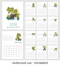 Calendar 2020. Cute and creative calendar with hand drawn house plants, succulents and cactus. in blue and green colors. Redy to print. Vector illustrations