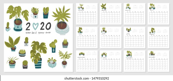 Calendar 2020. Cute and creative calendar with hand drawn house plants, succulents and cactus. in blue and green colors. Redy to print. Vector illustrations