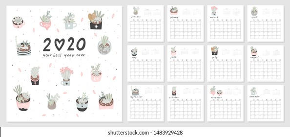 Calendar 2020. Cute and creative calendar with hand drawn succulents and cactus plants. Redy to print. Vector illustrations