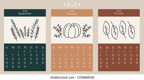 Calendar 2020. Cute calendar 2020 for the Fall. Trendy calendar. Vector template.