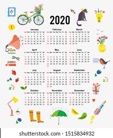 Calendar 2020 with cute home objects and lifestyle. Vector graphic illustration