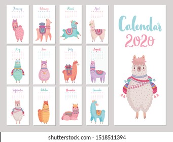 Calendario 2020 con Llamas Cutas. Colorida alpacas.Ilustración vectorial.