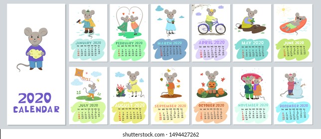 Calendar 2020 with cute mice. Vector graphics.