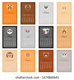 Calendar 2020. Cute monthly calendar with animals. Good for kids. Flat vector stock illustration.