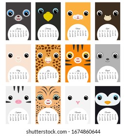 Calendar 2020. Cute monthly calendar with animals. Good for kids. Flat vector stock illustration.