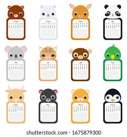 Calendar 2020. Cute monthly animals calendar with notes. Good for kids. Flat vector stock illustration.