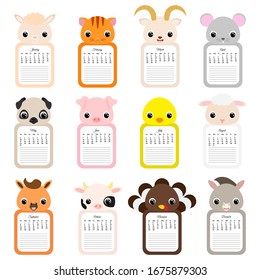 Calendar 2020. Cute monthly animals calendar with notes. Good for kids. Flat vector stock illustration.