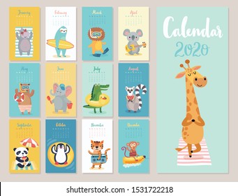 Calendar 2020. Cute monthly calendar with beach animals. Hand drawn style characters.