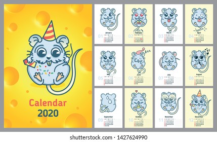 Calendar 2020. Cute monthly calendar with cartoony rats. Vector  