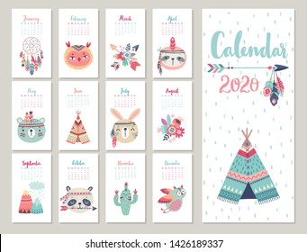 Calendar 2020. Cute monthly calendar with forest Boho animals. Hand drawn style characters.