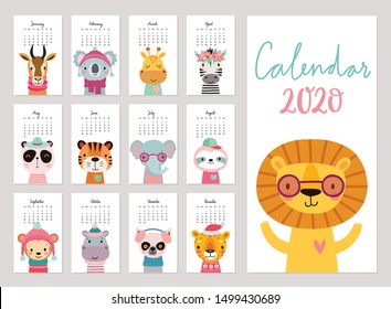 Calendar 2020. Cute monthly calendar with jungle animals. Hand drawn rainforest characters. Vector illustration.