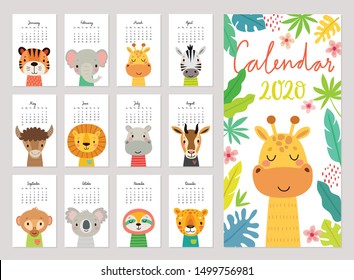 Calendar 2020. Cute monthly calendar with jungle animals. Hand drawn rainforest characters. Vector illustration.