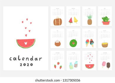 Calendar 2020. Cute monthly calendar with lifestyle objects, fruits, ice cream and etc. Hand drawn style illustration. Vector collection