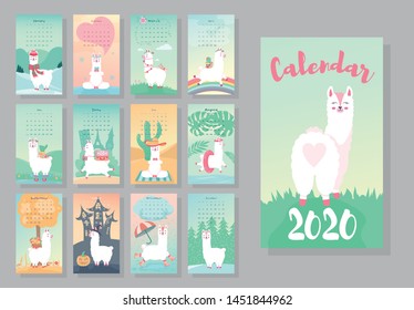 Calendar 2020. Cute monthly calendar with llama alpaca animals. Hand drawn style characters