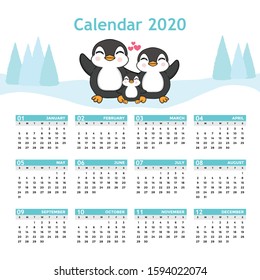 Calendar 2020. Cute monthly calendar with Penguin cartoon.
