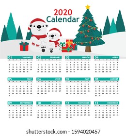 Calendar 2020. Cute monthly calendar with Polar bear.