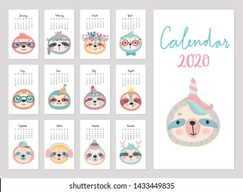 Calendar 2020. Cute monthly calendar with sloths. Hand drawn characters with different mood. Vector illustration.