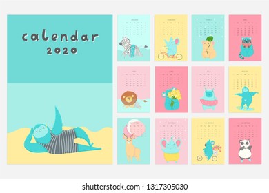 Calendar 2020. Cute monthly calendar with summer animals. Hand drawn style characters. Vector illustration