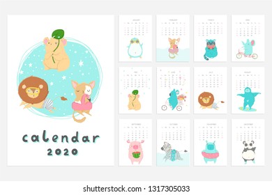 Calendar 2020. Cute monthly calendar with summer animals. Hand drawn style characters. Vector illustration