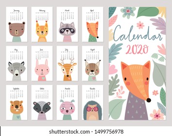 Calendar 2020. Cute Monthly Calendar With Woodland Animals. Hand Drawn Forest Characters. Vector Illustration.