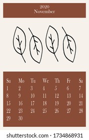 Calendar 2020. Cute calendar 2020 for November. Trendy calendar. Vector template.