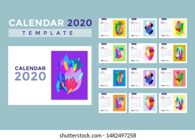 Calendar 2020. Cute printable creative template with floral elements - Vector