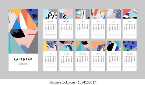 Calendar 2020. Cute printable creative template with abstract elements