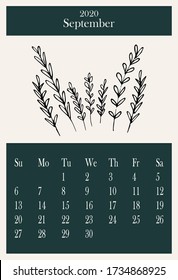 Calendar 2020. Cute calendar 2020 for September. Trendy calendar. Vector template.