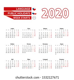 Calendar 2020 in Czech language with public holidays the country of Czech Republic in year 2020. Week starts from Monday. Vector Illustration.