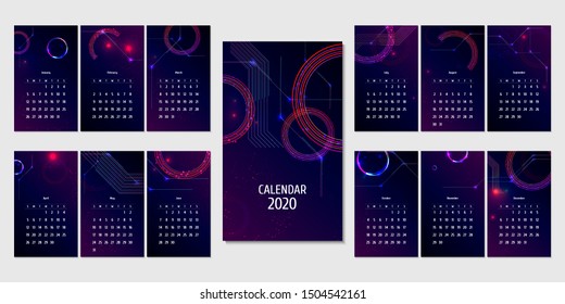 Calendar 2020 Dark retro futuristic art neon abstraction background cosmos new art 3d starry sky glowing galaxy and planets blue circles
