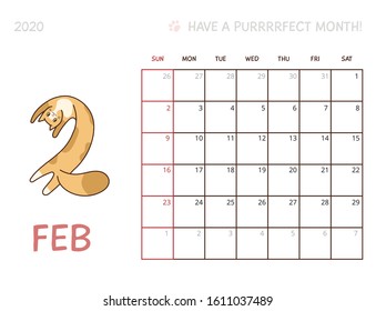 
Calendar 2020 dated template February. Planner daily with vector kawaii style cute cat illustration. Printable, week starts on Sunday, 8,5x11 inches size.