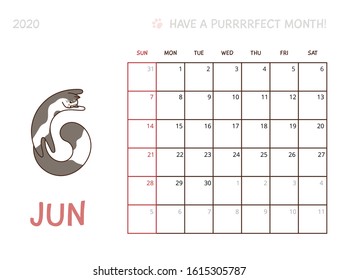 Calendar 2020 dated template June. Planner daily with vector kawaii style cute cat illustration. Printable, week starts on Sunday, 8,5x11 inches size.