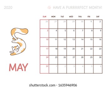 
Calendar 2020 dated template May. Planner daily with vector kawaii style cute cat illustration. Printable, week starts on Sunday, 8,5x11 inches size.