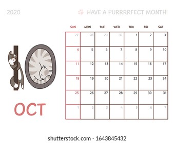 Calendar 2020 dated template October. Planner daily with vector kawaii style cute cat illustration. Printable, week starts on Sunday, 8,5x11 inches size.