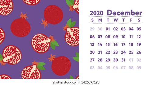 Calendar 2020. December month. Vector English wall calender. Garnet. Pomegranate seamless pattern. Hand drawn fruits sketch