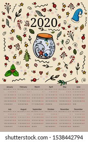 Calendar 2020 with decorative elements, jar in the form of a ball, santa hat, doodle cartoon illustration 