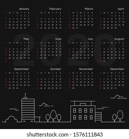 Calendar 2020 design template week starts from Sunday decorative with skyline landscape on black background, modern minimal simple style, vector illustration