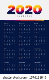 Calendar 2020 design template week starts from Sunday decorative with modern colorful stripe line, vector illustration