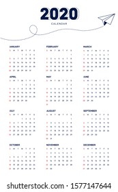Calendar 2020 design template week starts from Sunday modern minimal style isolated on white background, modern minimal style, vector illustration