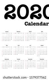 Calendar 2020 design template for a year, week starts from Sunday modern minimal style on white background, modern minimal simple style, vector illustration