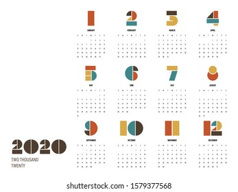 Calendar 2020 design template for a year, week starts from Sunday decorative geometric number isolated on white background, modern minimal simple style, vector illustration