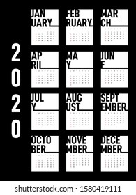 Calendar 2020 design template for a year, week starts from Sunday modern minimal style on white background, modern minimal simple style, vector illustration