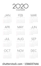 Calendar 2020 design template for a year, week starts from Sunday modern minimal style, vector illustration